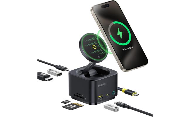 Baseus MagPro Series II 7-in-1 USB-C Hub with 15W Qi2 Wireless Charger, 4K@60Hz HDMI, 100W PD, 10Gbps Ports, SD Card Reader – Black